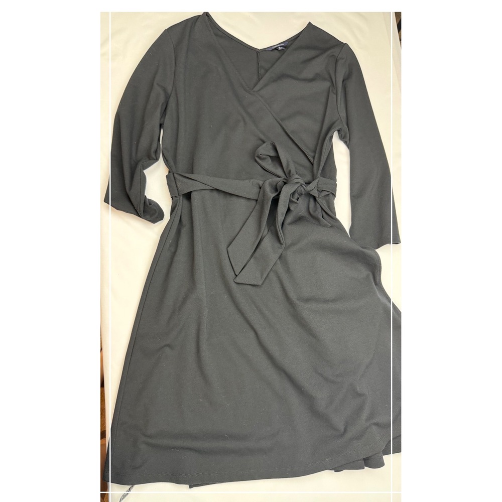 Lands' End Black Faux Wrap Dress Long Sleeve V-Neck Belted Knee Length Size 18